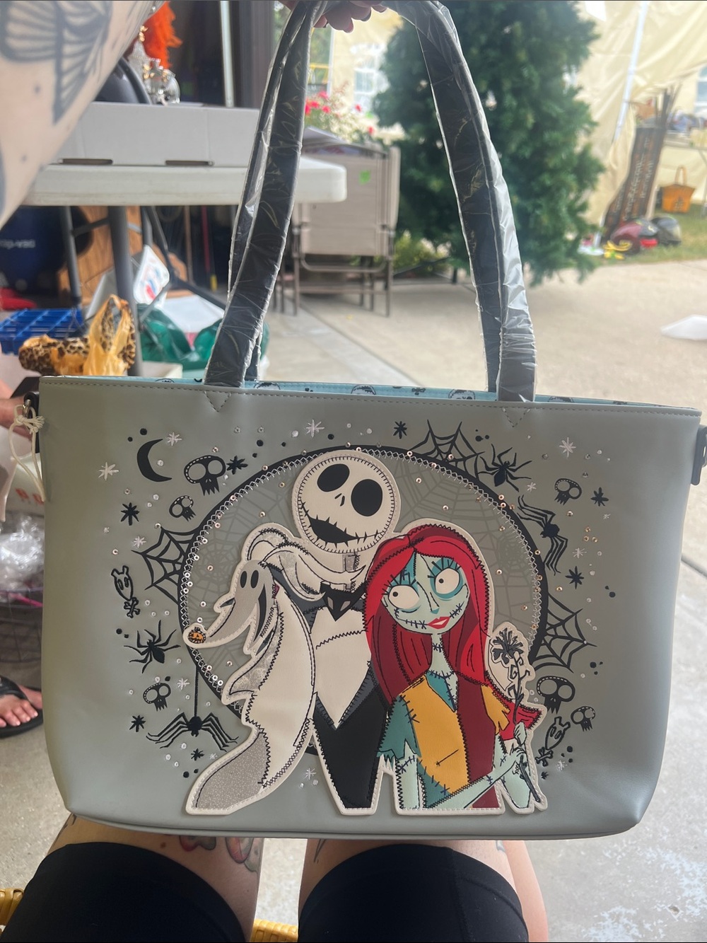 Disney Grey The Nightmare Before Christmas Jack & Sally Tote Bag with Red Accent